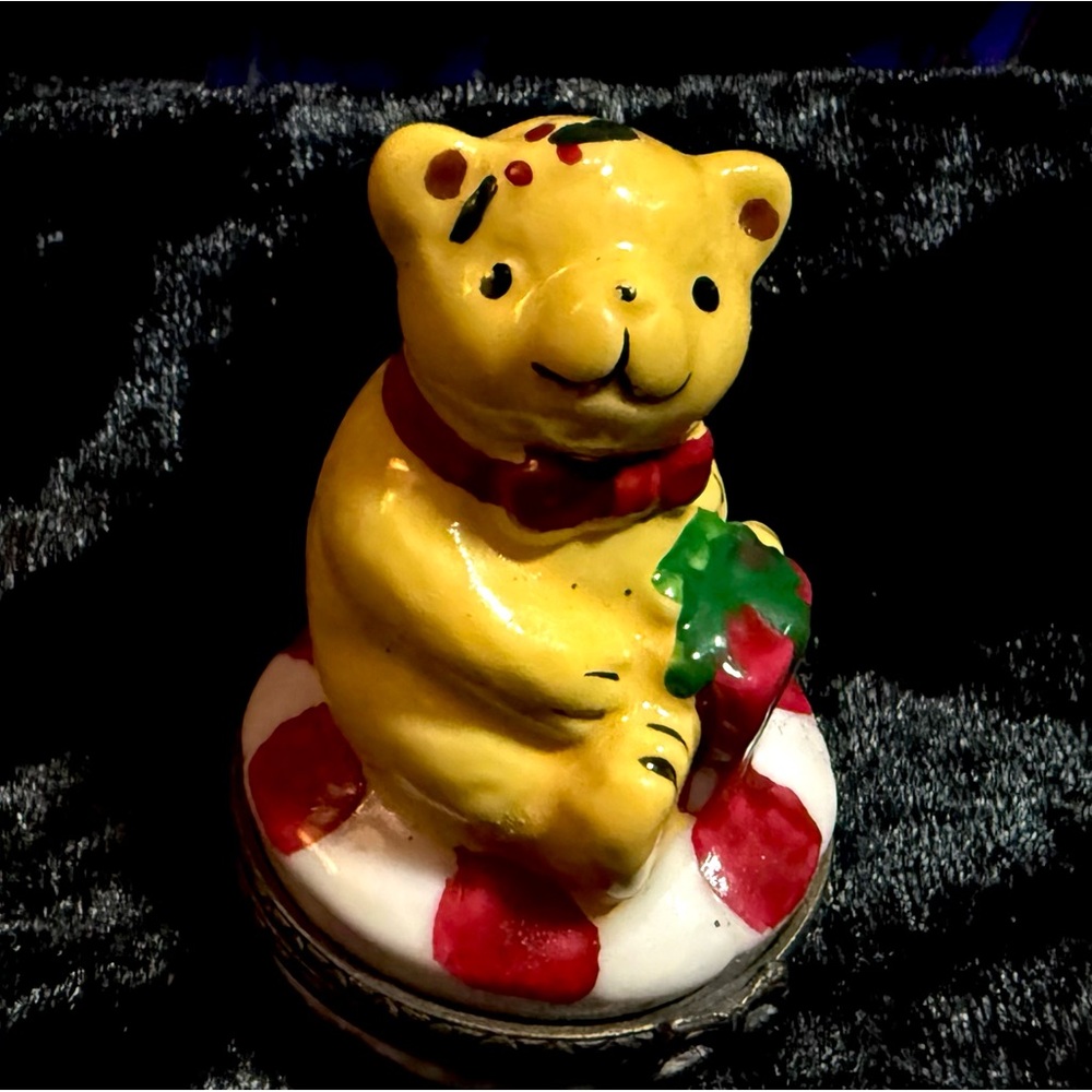 Vintage Bear with Present Limoges Style Hinged Trinket Box Phb